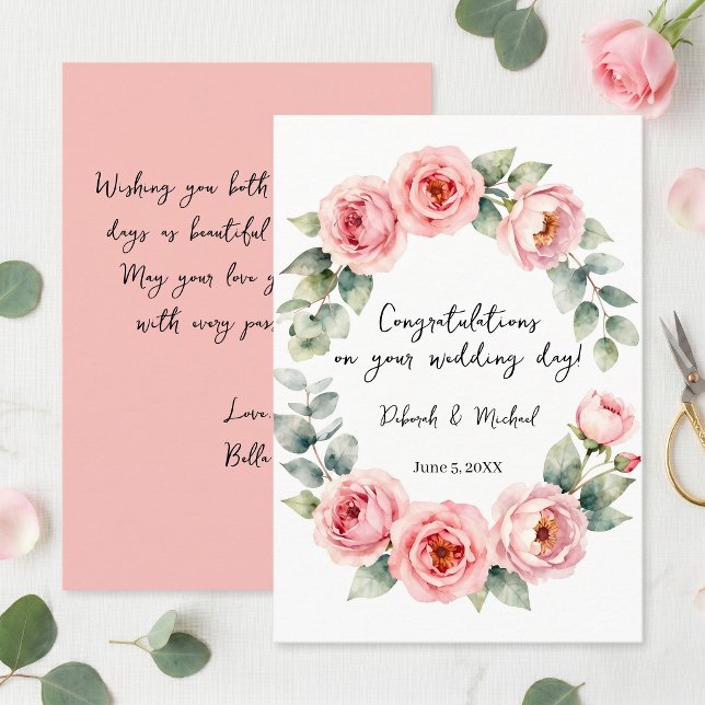 Tarjeta Corona de rosas de acuarela rosa suave Felicitacio (Subido por el creador)