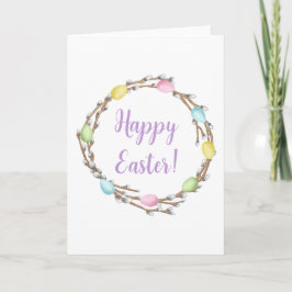 Tarjeta Corona de sauce colorida y huevos Feliz Pascua