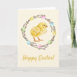 Tarjeta Corona de sauce de Pascua pastel con pollito