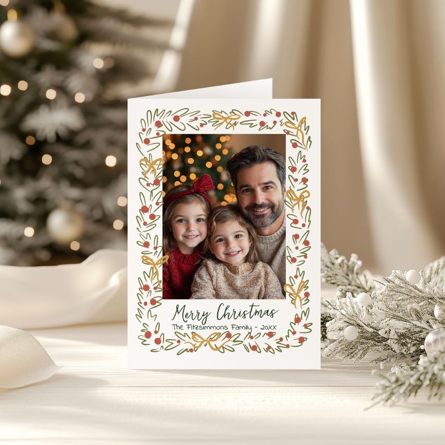 Tarjeta  Corona Dibujada a Mano & Lazos Elegantes Foto  (Whimsical Christmas Wreath holiday family photo folded card)
