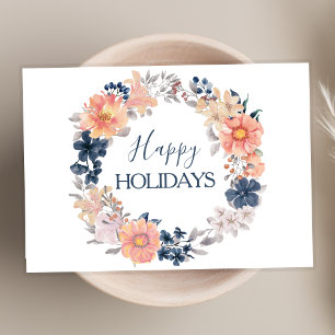 Tarjeta Corona floral azul marino y rosado Felices Fiestas