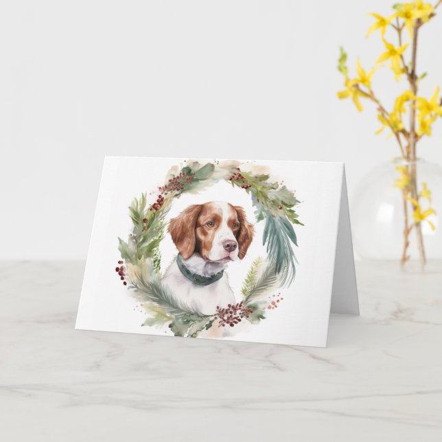 Tarjeta Corona Navideña de Brittany Spaniel Perrito Festiv (flor amarilla)