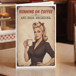 Tarjeta Corriendo con Café y Decisiones Malas Humor