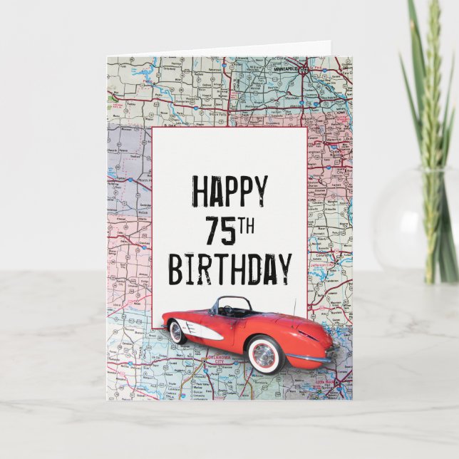 Tarjeta Corvette retro de cumpleaños 75 en el mapa (Anverso)