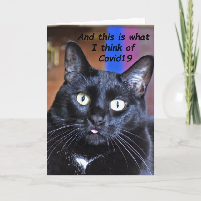 Tarjeta Corvid19 Gato negro con su lengua fuera - Arte (Anverso)