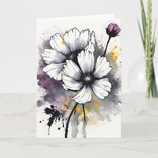 Tarjeta Cosmos - Flores de acuarela (Anverso)