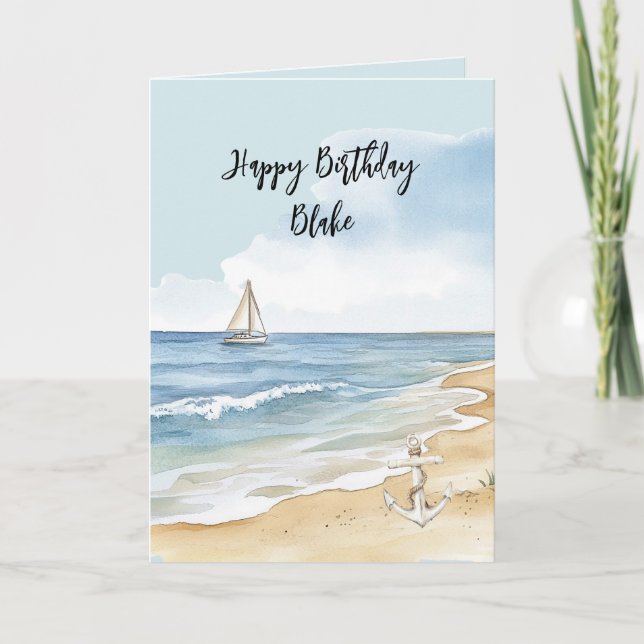 Tarjeta Costa de playa océano barco ancla cumpleaños (Anverso)