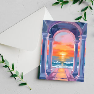 Tarjeta costera de acuarela del atardecer en el ar