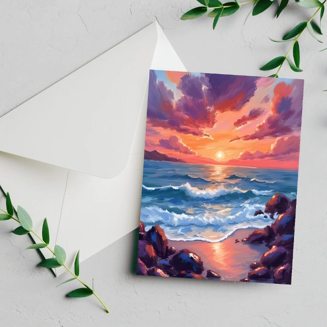 Tarjeta costera de playa de acuarela de puesta de  (Subido por el creador)