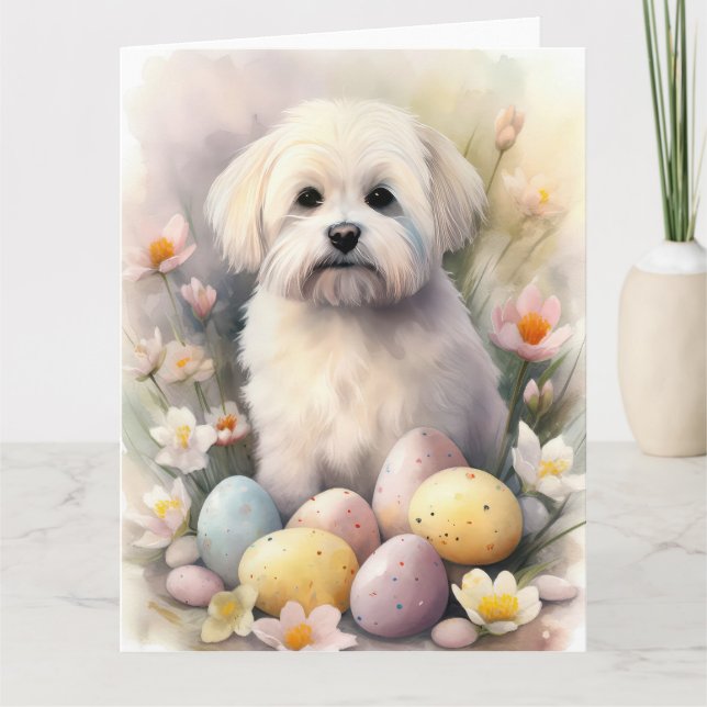 Tarjeta Coton De Tulear con festividad de huevos de Pascua (Anverso)