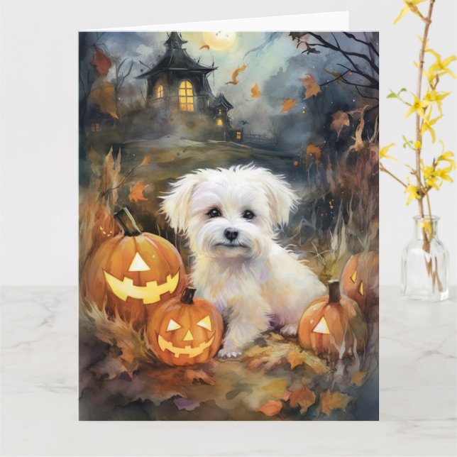 Tarjeta Coton De Tulear de Halloween con Calabazas Espanto (flor amarilla)