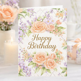 Tarjeta Cottagecore Floral Cumpleaños Feliz Rosas Melocotó