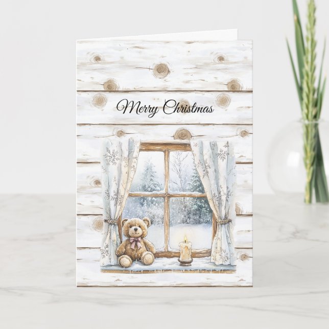 Tarjeta Country Christmas Trees Snow Teddy Bear Window (Anverso)