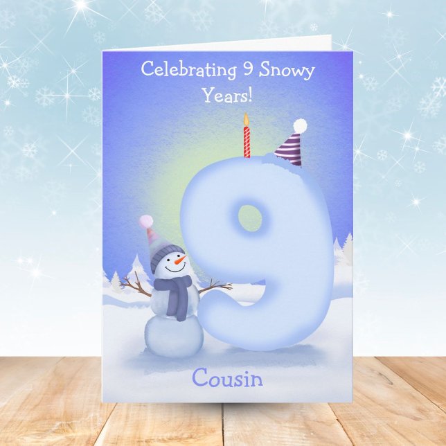 Tarjeta Cousin Happy 9th Birthday Snowman Building  (Subido por el creador)