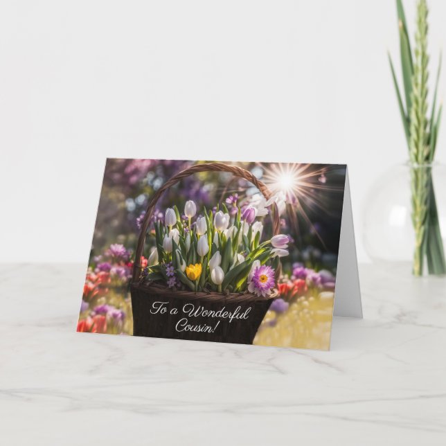 Tarjeta Cousin Happy Easter with Basket of Spring Bulbs  (Anverso)