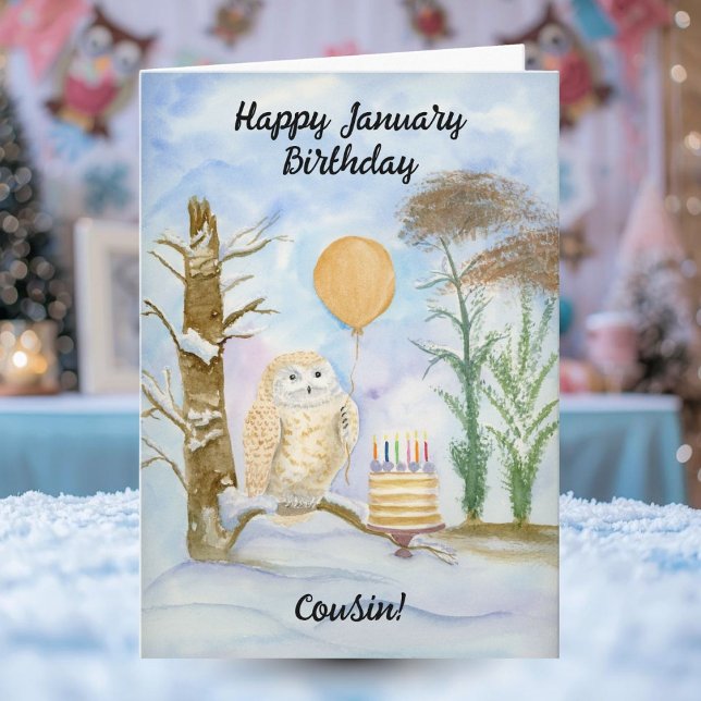 Tarjeta Cousin Happy January Birthday Owl Cake (Subido por el creador)