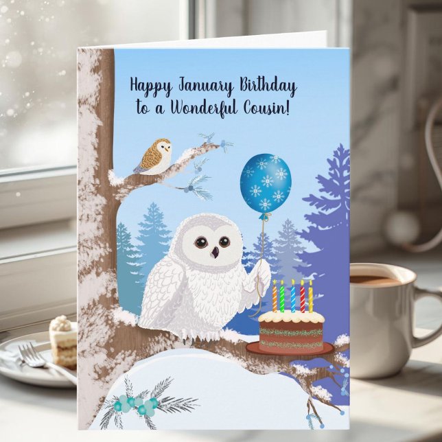 Tarjeta Cousin Happy January Birthday Snowy Owl (Subido por el creador)