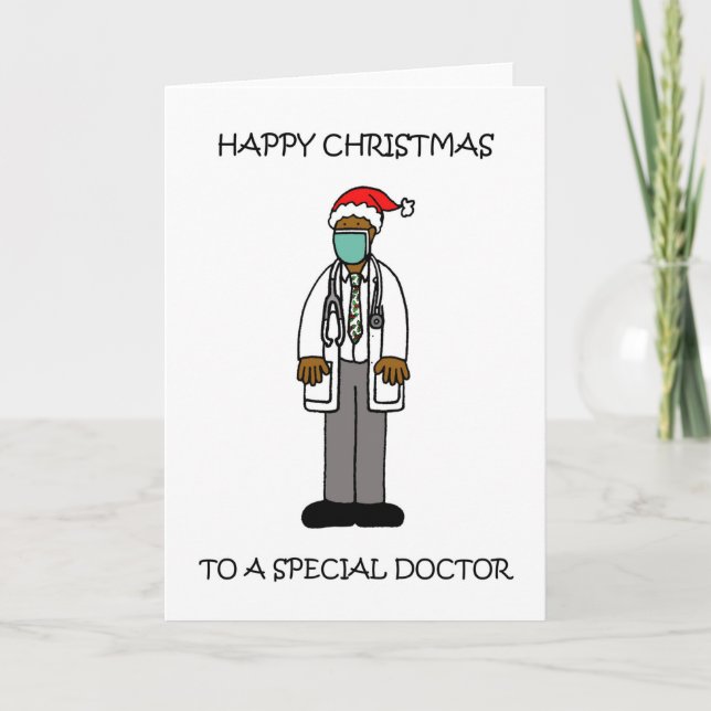 Tarjeta Covid 19 Feliz Navidad Médico masculino afroameric (Anverso)