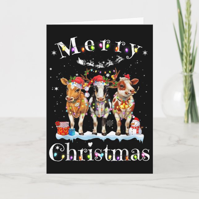 Tarjeta Cow Reindeer Hat Santa Christmas Lights Funny Cow  (Anverso)