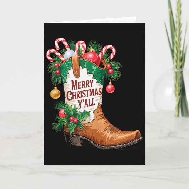 Tarjeta Cowboy Boots Country Western Merry Christmas Y'all (Anverso)