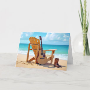 Tarjeta Cowboy Boots de cumpleaños y guitarra en la playa