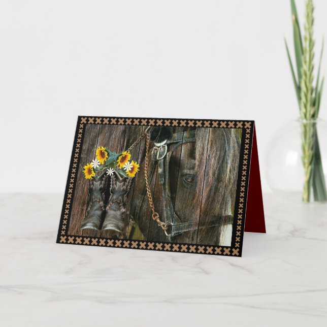 Tarjeta Cowboy Caballo Boots Girasoles Rústica Junta de Pa (Anverso)