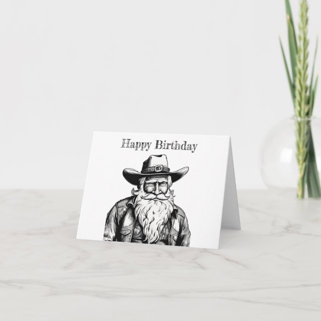 Tarjeta Cowboy feliz cumpleaños con chaqueta de cuero (Anverso)