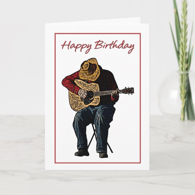 Tarjeta Cowboy feliz cumpleaños con Ilustracion de guitarr (Anverso)