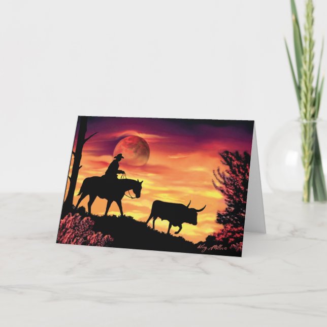 Tarjeta Cowboy Herding Longhorn Steer (Anverso)