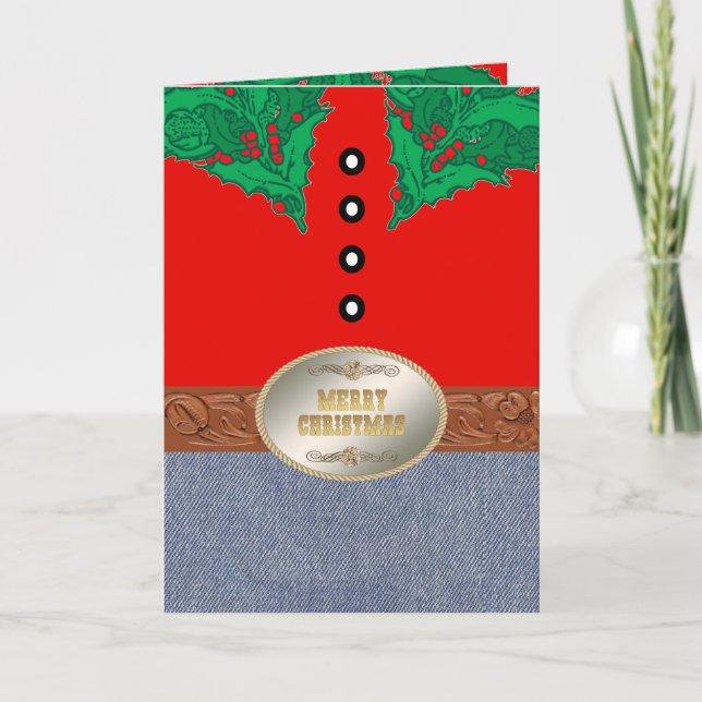 Tarjeta Cowboy Occidental Santa Red Shirt Jeans Belt Buckl (Anverso)
