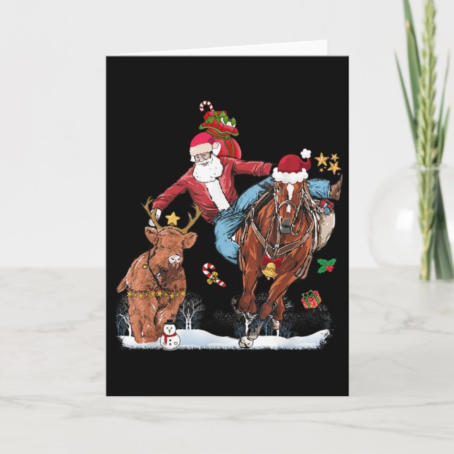 Tarjeta Cowboy Santa Bulldogging Western Cowboy Xmas Funny (Anverso)