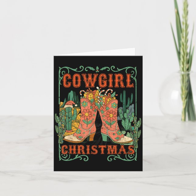 Tarjeta Cowgirl Christmas Boots Cactus Retro Western Holid (Anverso)