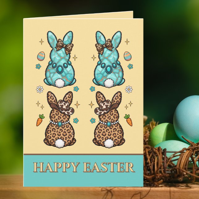 Tarjeta Cowgirl Leopard Print Teal Brown Bunnies  Easter  (Subido por el creador)