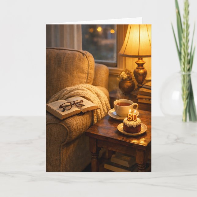 Tarjeta Cozy 80th Birthday Tea & Reading Corner  (Anverso)