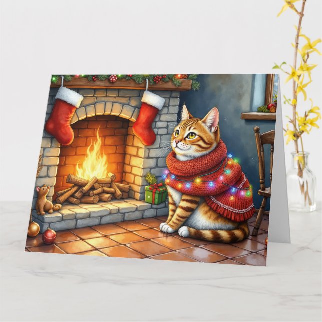 Tarjeta Cozy Abyssinian Cat by Fireplace Christmas Lights (flor amarilla)