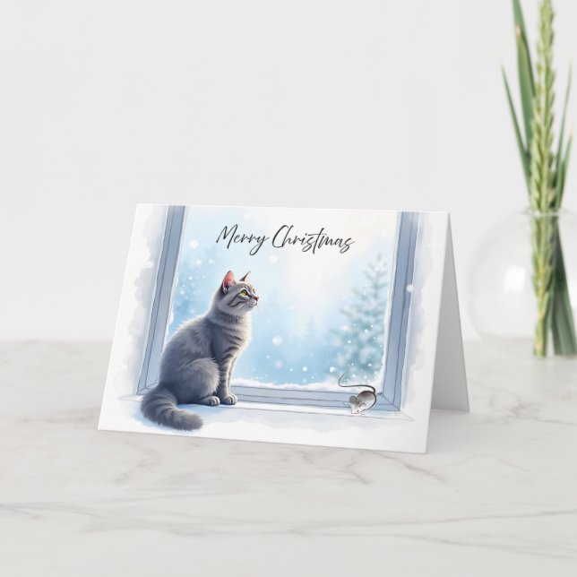 Tarjeta Cozy Cat and Mouse by Window Christmas Watercolor  (Anverso)