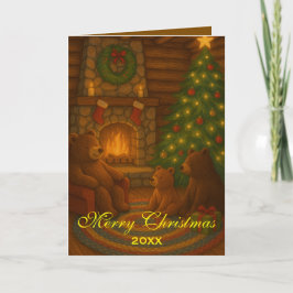 Tarjeta Cozy Fire with Bears Custom Christmas