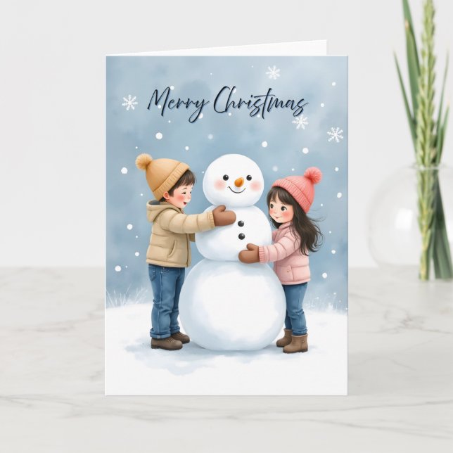Tarjeta Cozy Kids Building a Snowman Blank Christmas (Anverso)