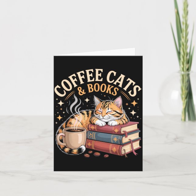 Tarjeta Cozy Reading Cat Coffee And Books Lover Artwork  (Anverso)