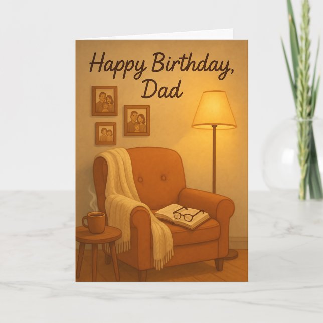 Tarjeta Cozy Reading Chair “Happy Birthday, Dad”  (Anverso)
