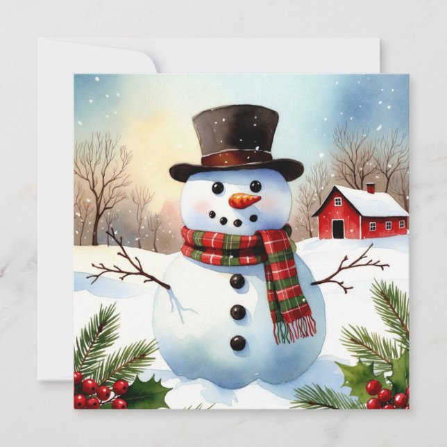 Tarjeta Cozy Snowman Farm Watercolor Christmas Flat (Anverso)