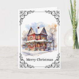 Tarjeta Cozy Snowy Victorian House – Merry Christmas Card