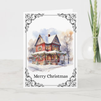 Tarjeta Cozy Snowy Victorian House – Merry Christmas Card