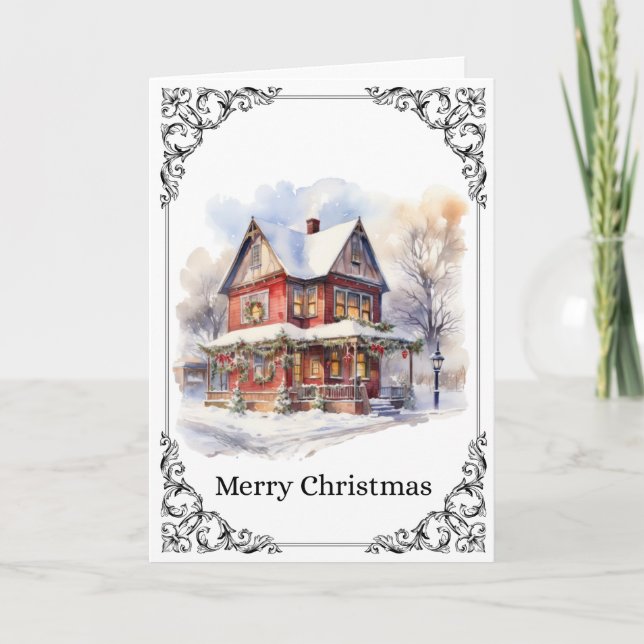 Tarjeta Cozy Snowy Victorian House – Merry Christmas Card (Anverso)