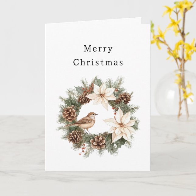 Tarjeta Cozy Warm Christmas Poinsettia Pine Cones Bird (flor amarilla)