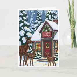 Tarjeta Cozy Winter Cabin with Deer Family 