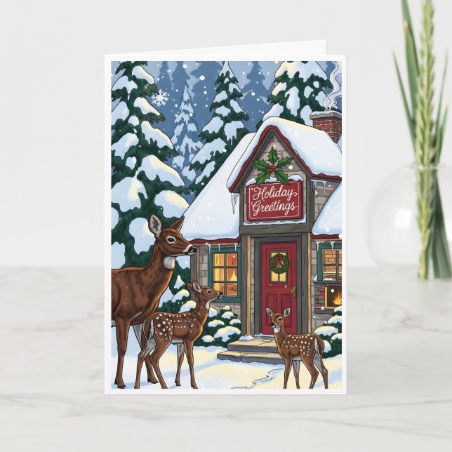 Tarjeta Cozy Winter Cabin with Deer Family  (Anverso)