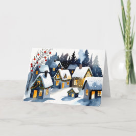 Tarjeta Cozy Winter Village Watercolor Christmas Greeting 