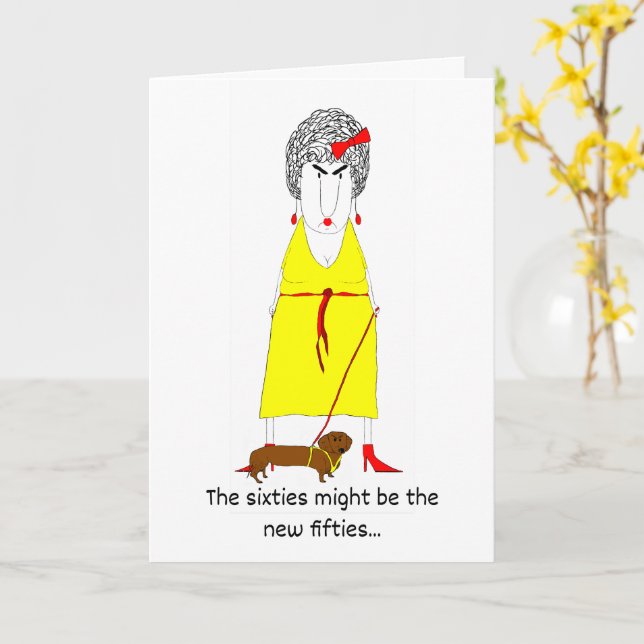 Tarjeta Crabby Baby Boomer with Yellow Dress and Dog (flor amarilla)