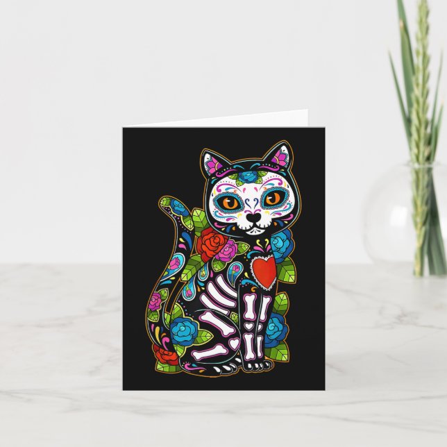 Tarjeta Cráneo de azúcar Gato negro De Los Muertos Día De  (Anverso)